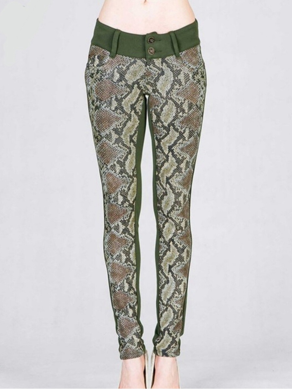 Olive Snake-Print Skinny Leggings/pants